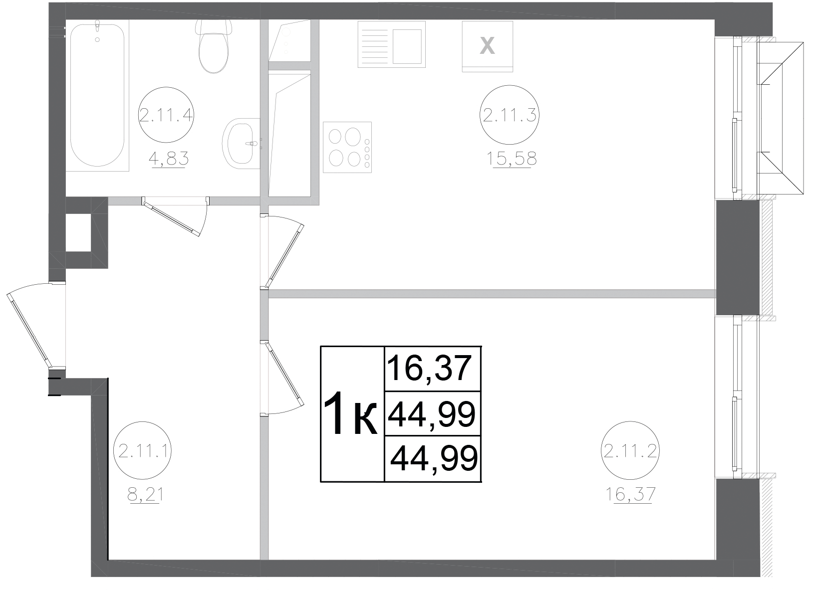 Планировка — Авиатор-2, 1-комн., 45 м²