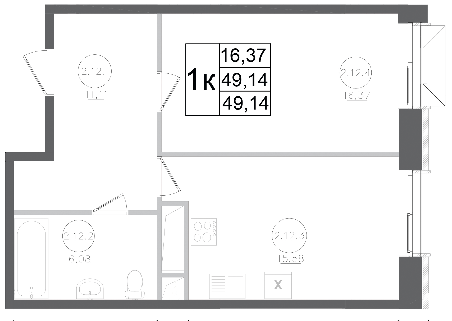 Планировка — Авиатор-2, 1-комн., 49 м²