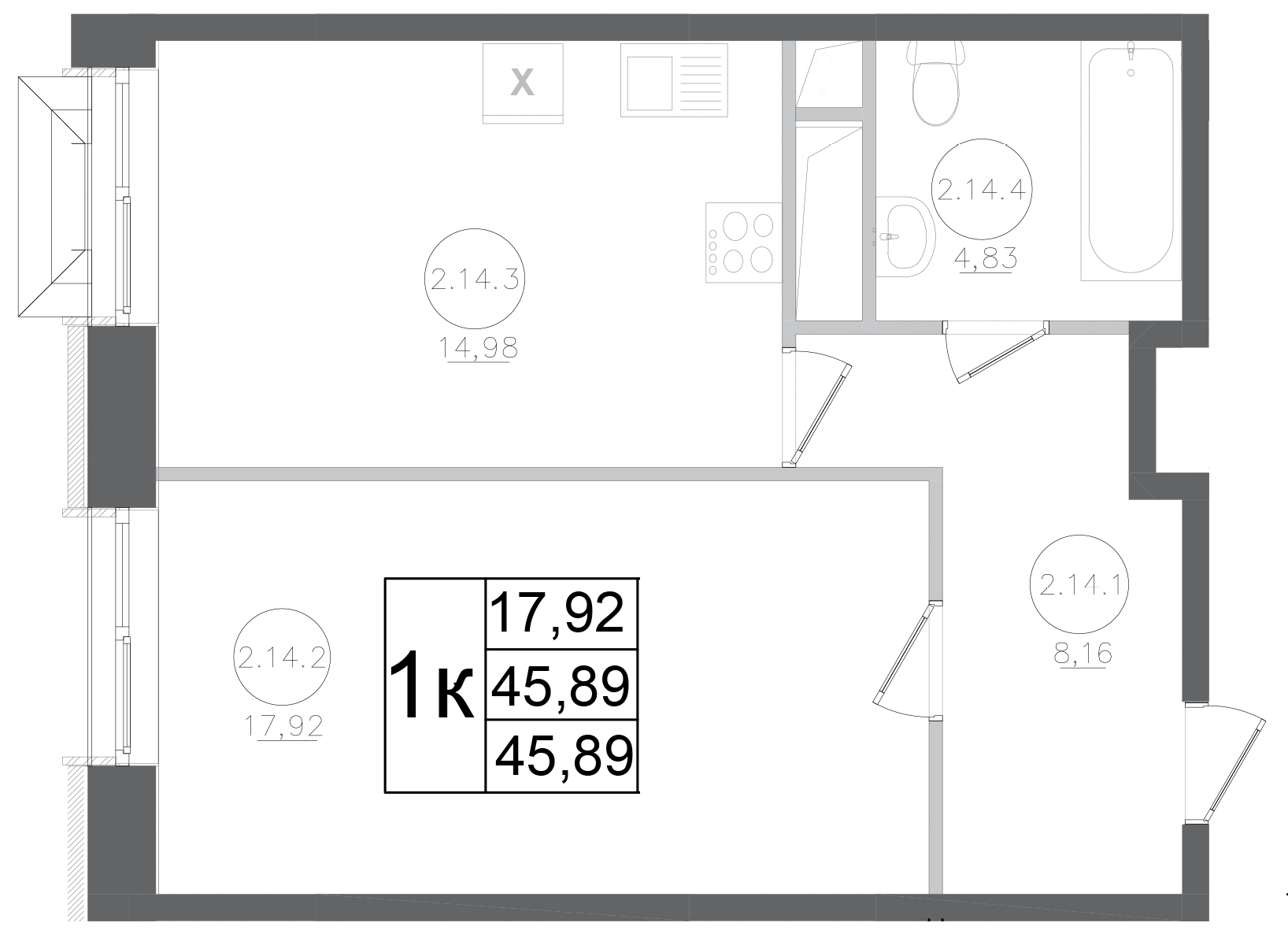 Планировка — Авиатор-2, 1-комн., 46 м²