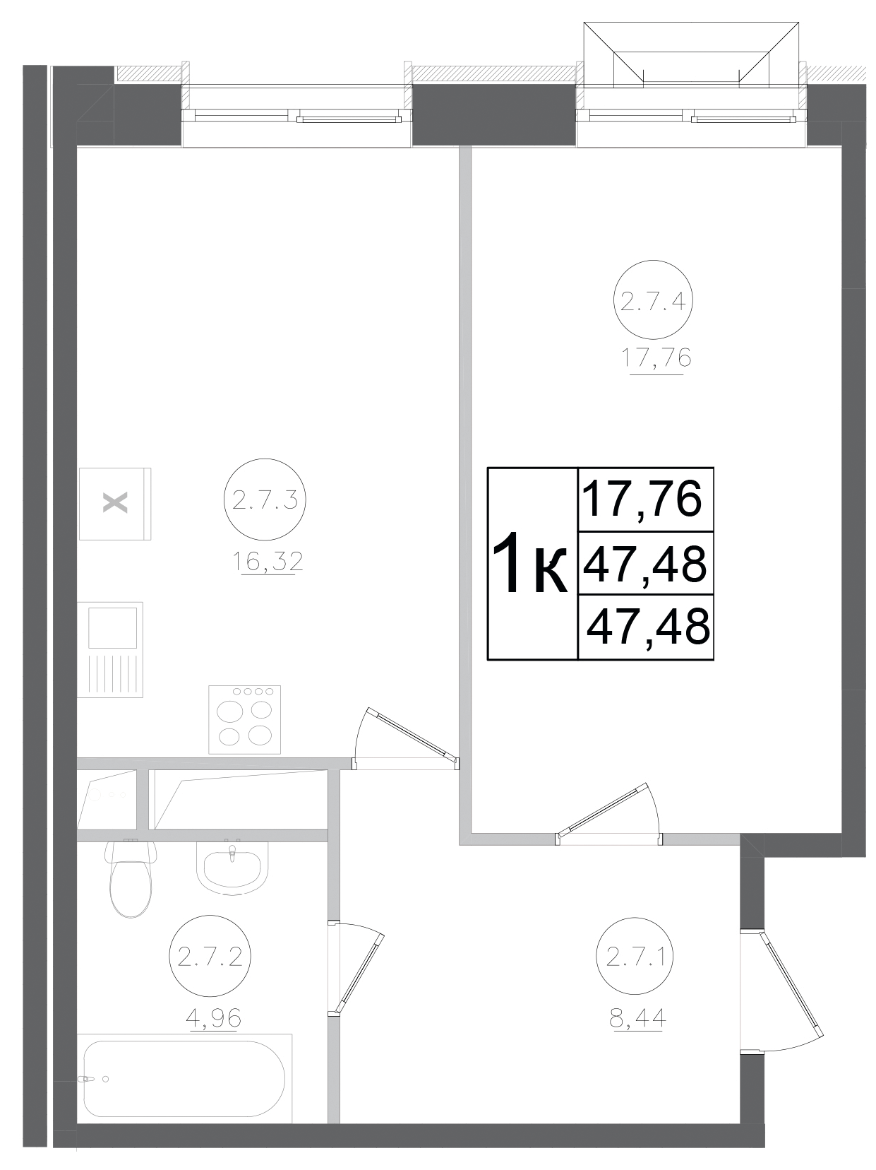 Планировка — Авиатор-2, 1-комн., 47 м²