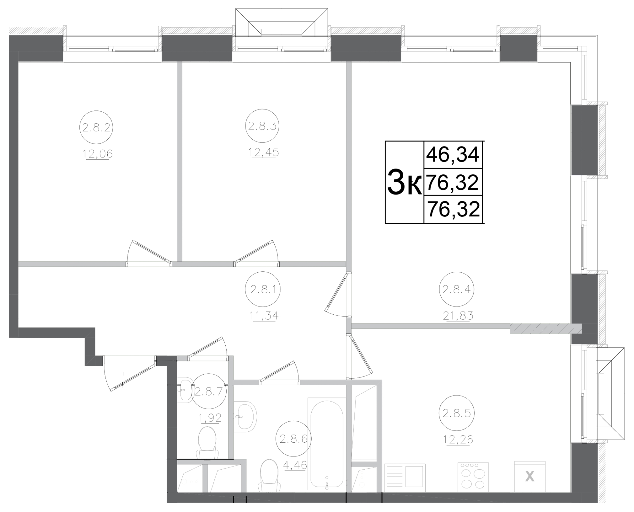 Планировка — Авиатор-2, 3-комн., 76 м²