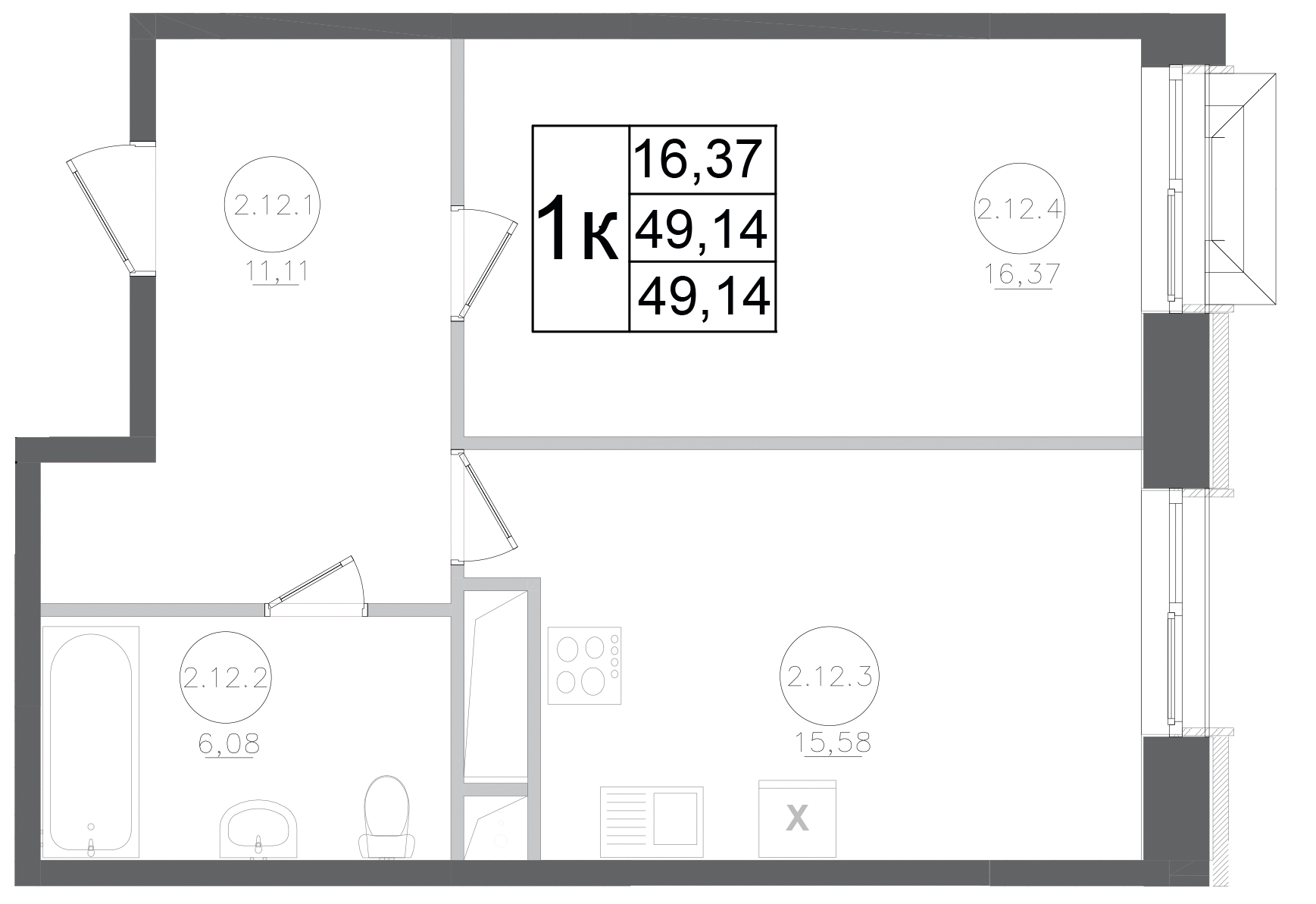 Планировка — Авиатор-2, 1-комн., 49 м²