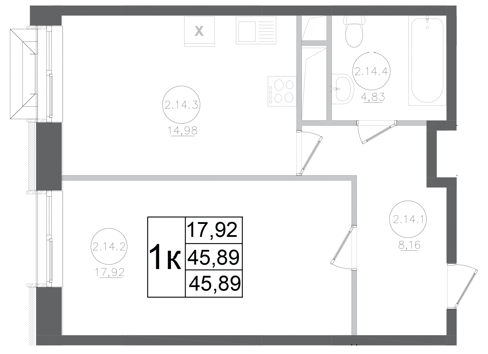 Планировка — Авиатор-2, 1-комн., 46 м²