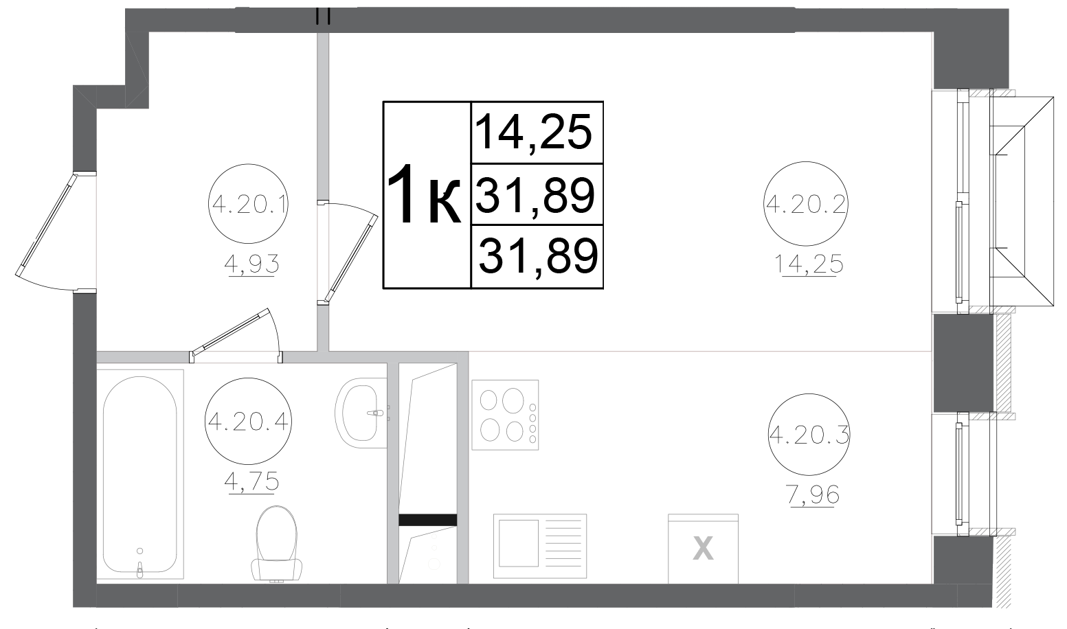 Планировка — Авиатор-2, Студия, 32 м²