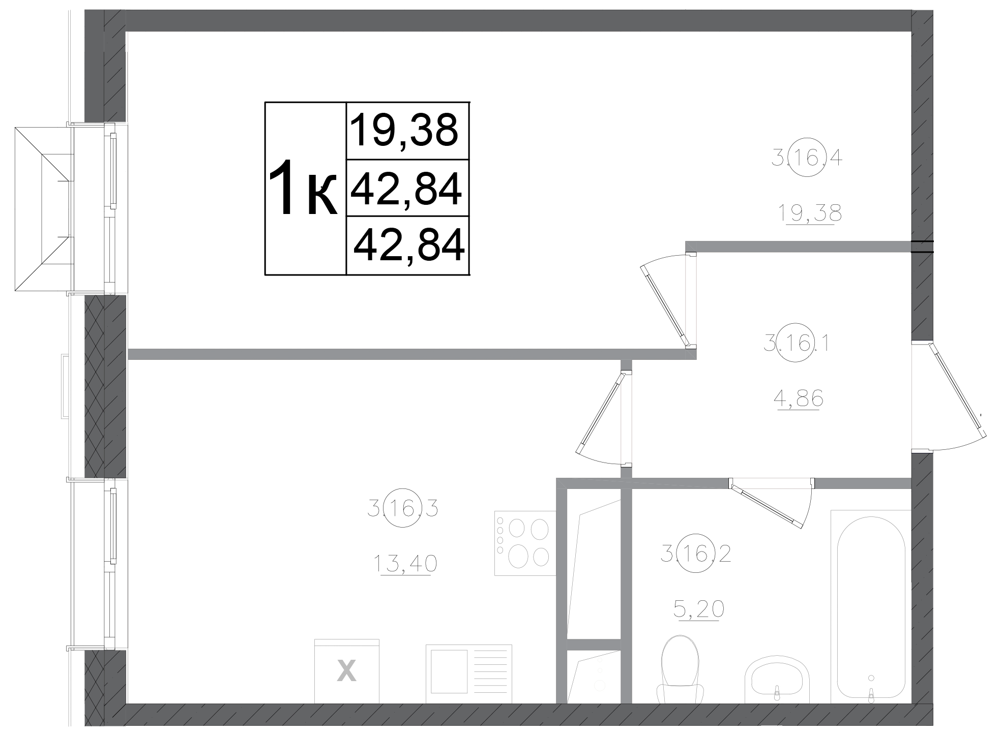 Планировка — Авиатор-2, 1-комн., 43 м²