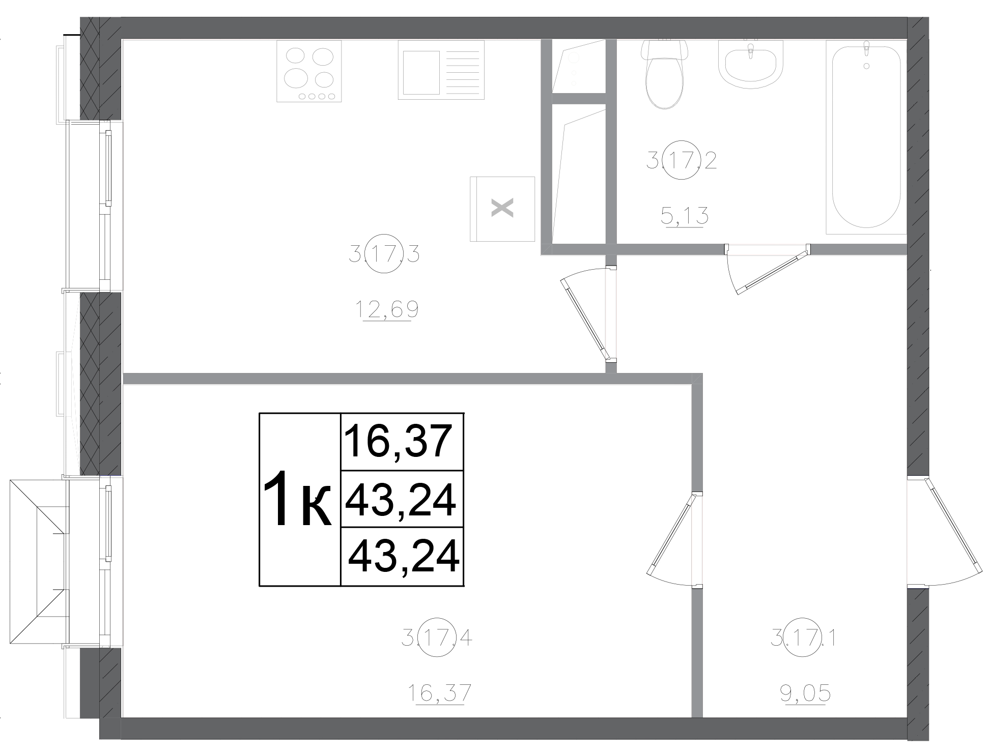 Планировка — Авиатор-2, 1-комн., 43 м²