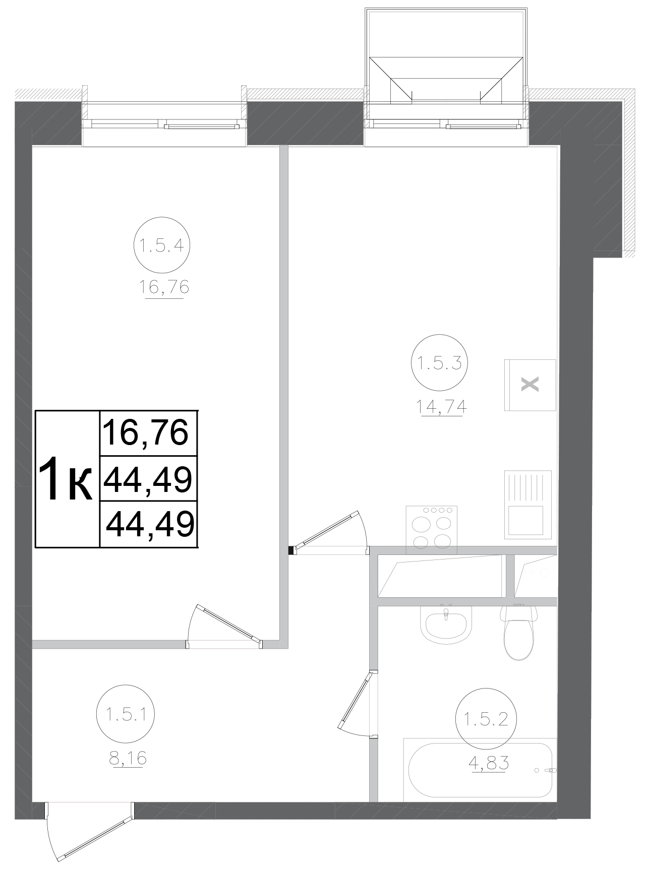 Планировка — Авиатор-2, 1-комн., 44 м²