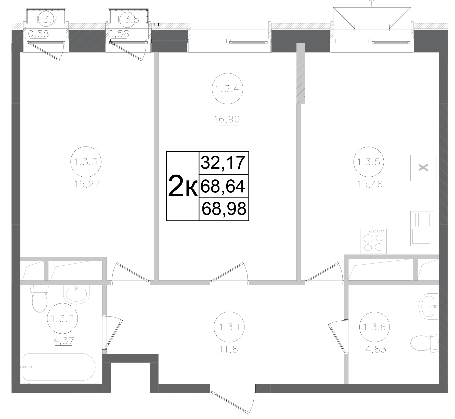 Планировка — Авиатор-2, 2-комн., 69 м²