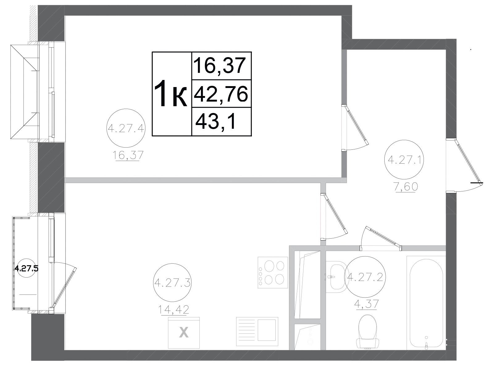 Планировка — Авиатор-2, 1-комн., 43 м²