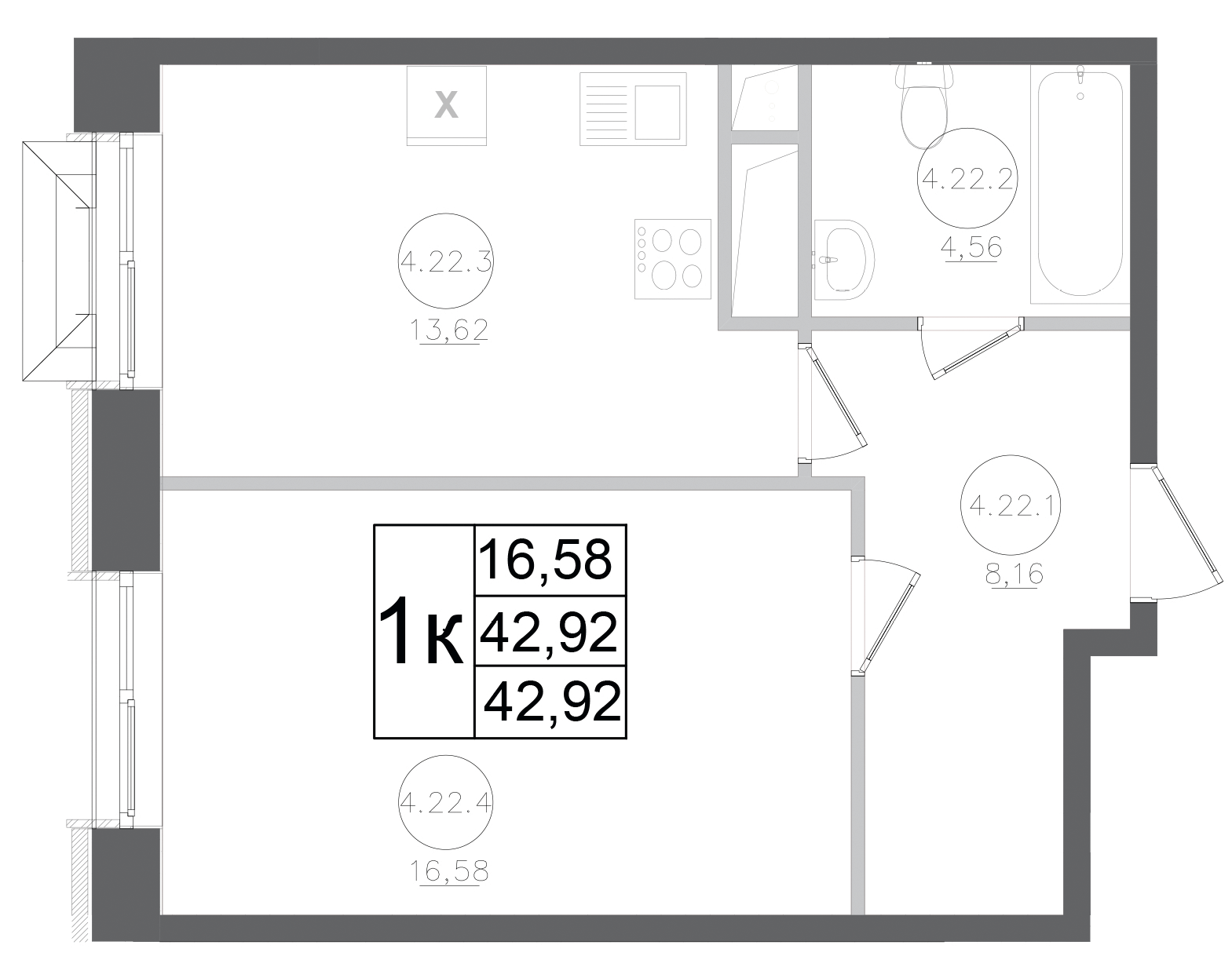 Планировка — Авиатор-2, 1-комн., 43 м²