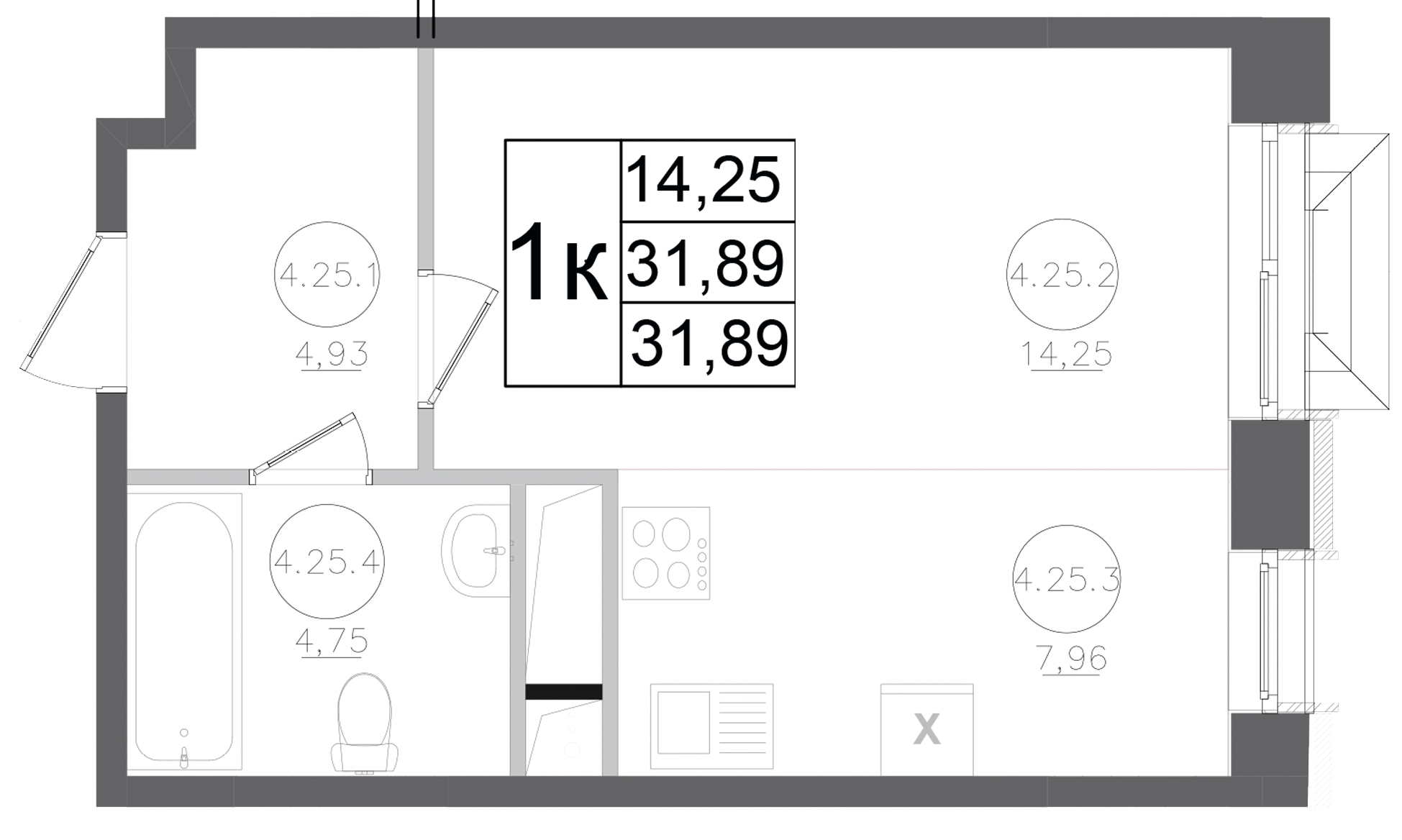 Планировка — Авиатор-2, Студия, 32 м²