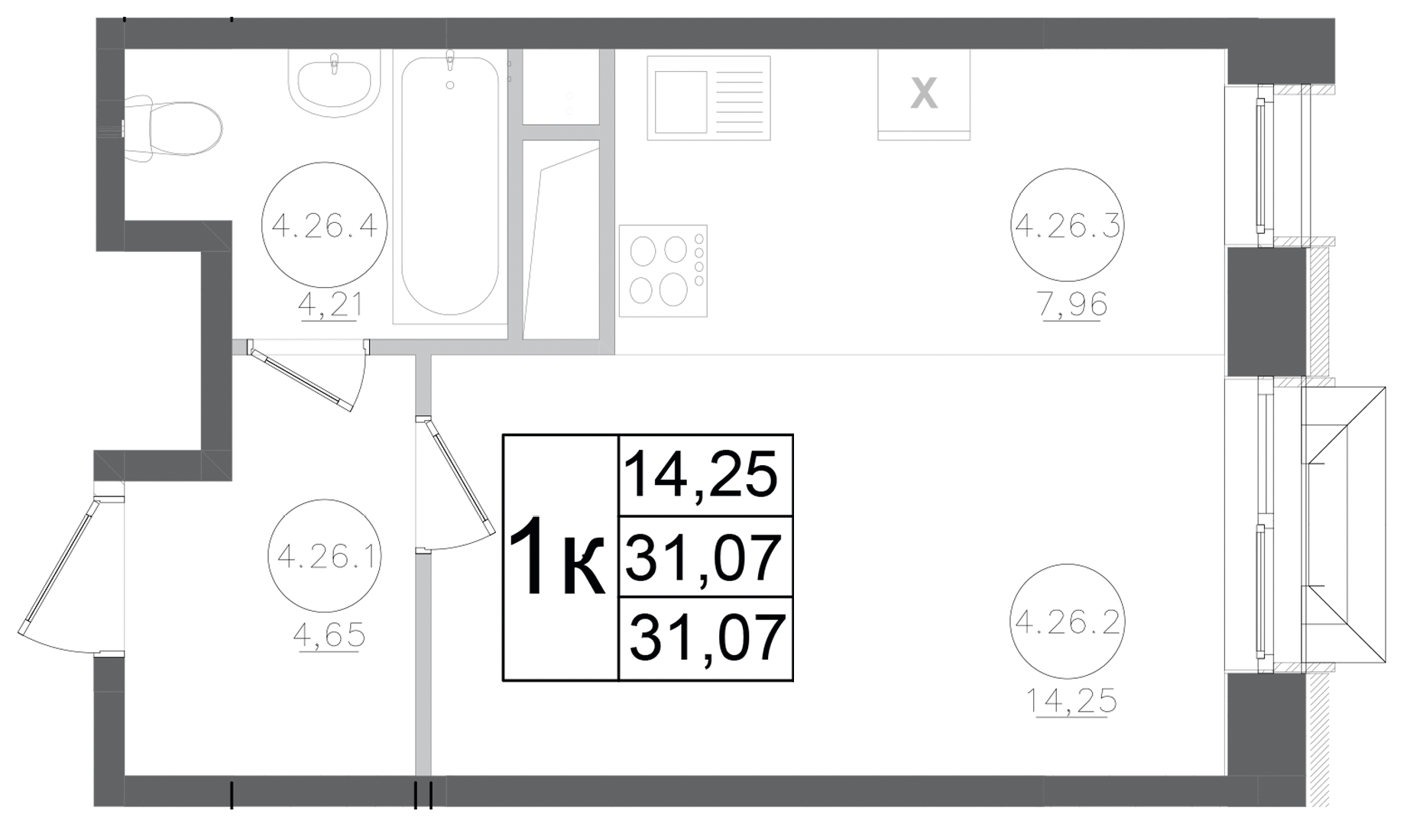 Планировка — Авиатор-2, Студия, 31 м²