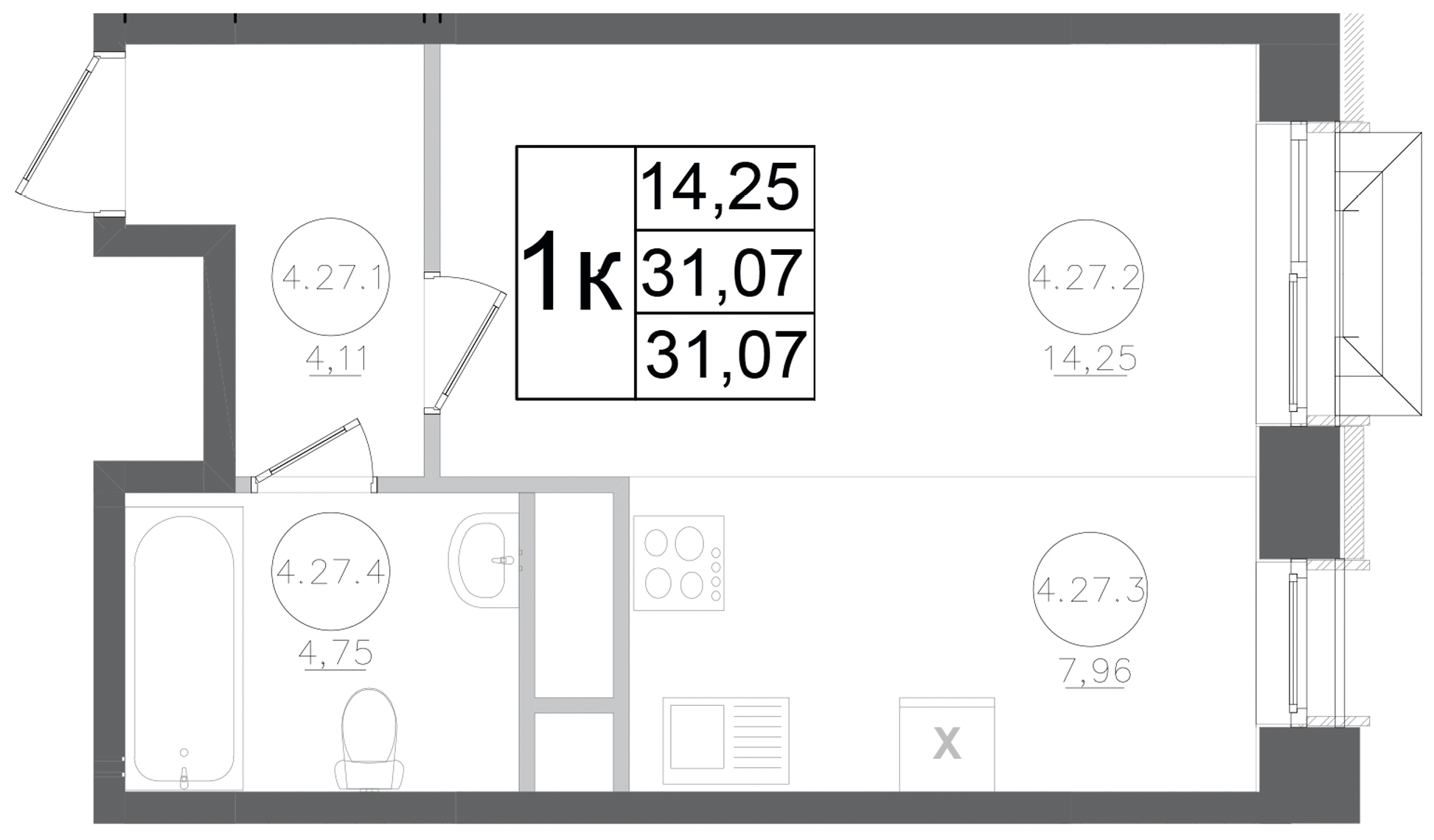 Планировка — Авиатор-2, Студия, 31 м²