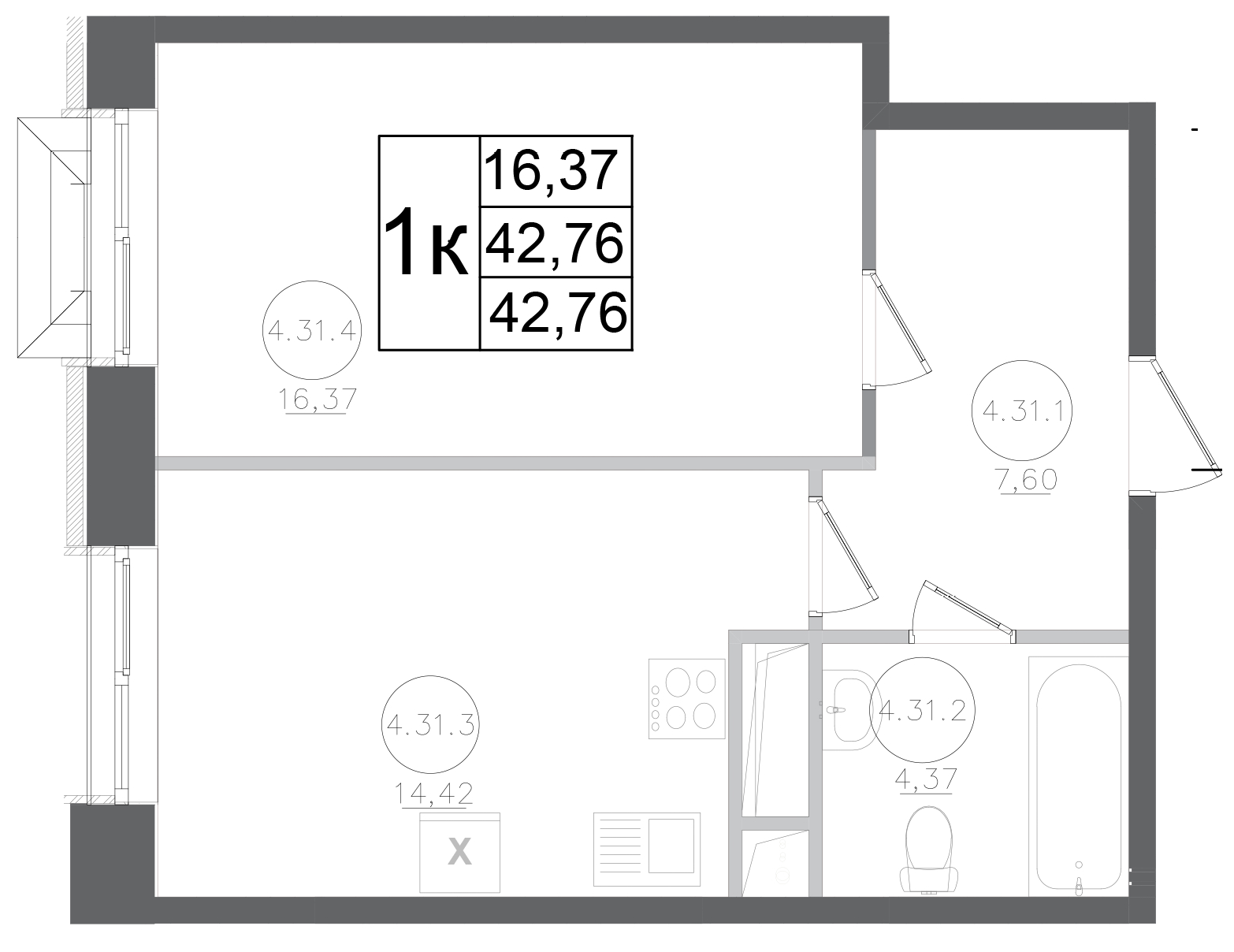 Планировка — Авиатор-2, 1-комн., 43 м²