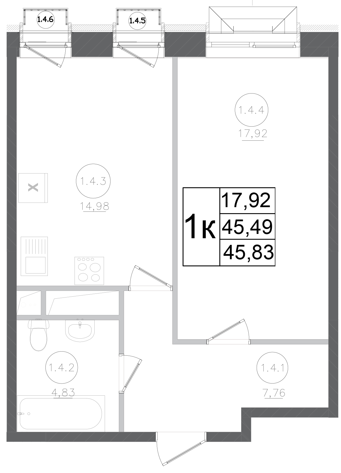Планировка — Авиатор-2, 1-комн., 45 м²