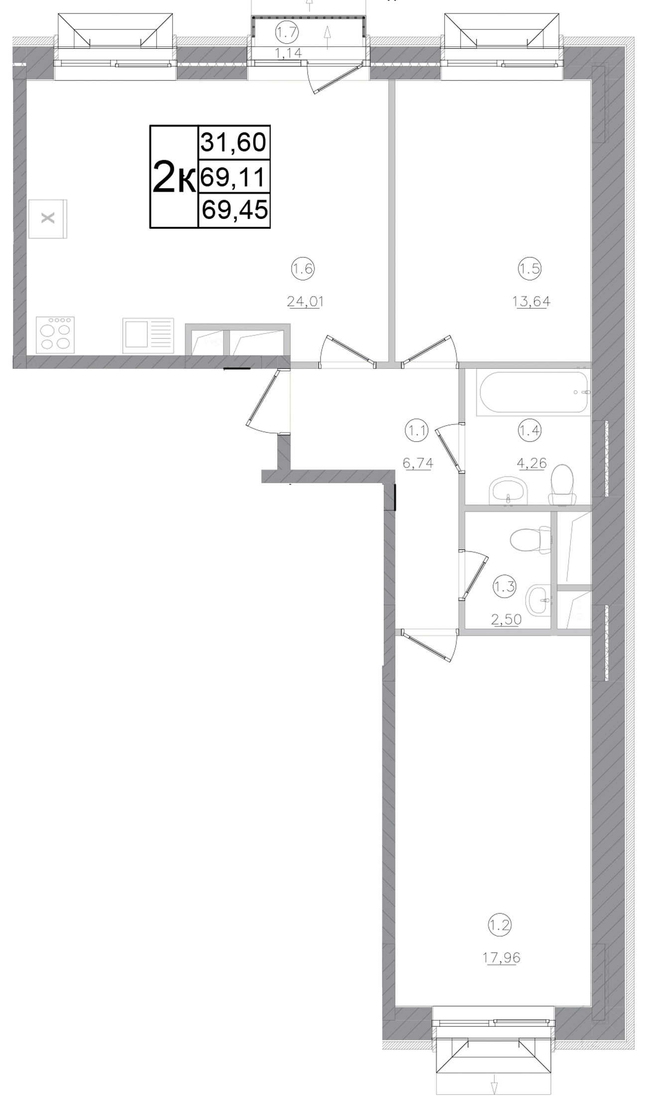 Планировка — Авиатор-2, 2-комн., 69 м²
