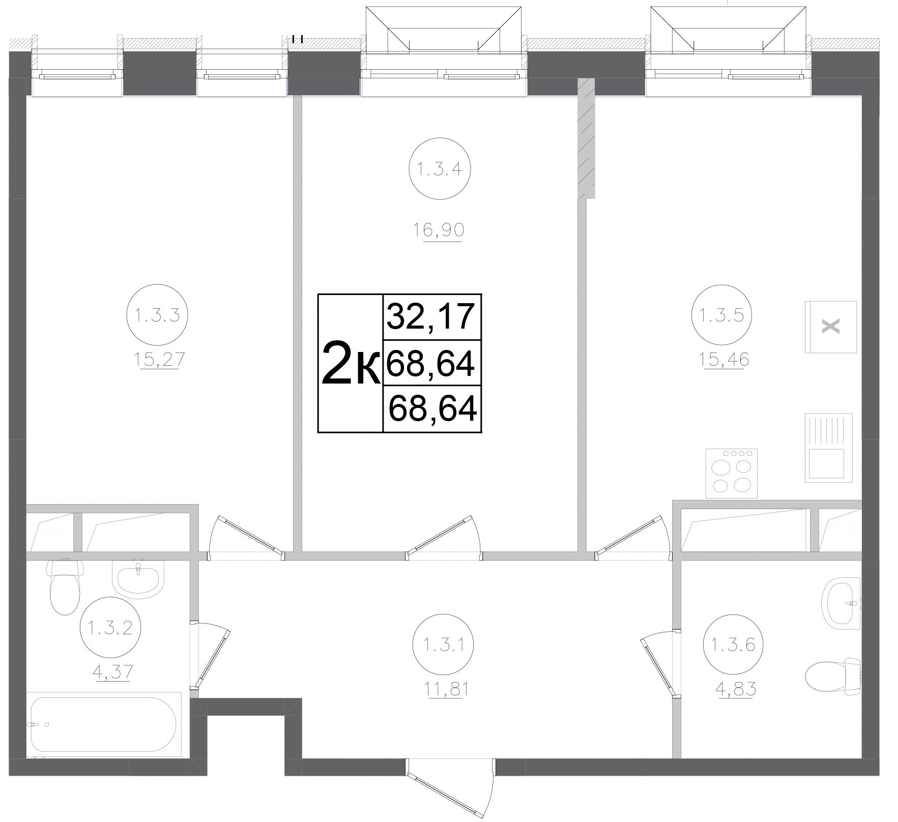 Планировка — Авиатор-2, 2-комн., 69 м²