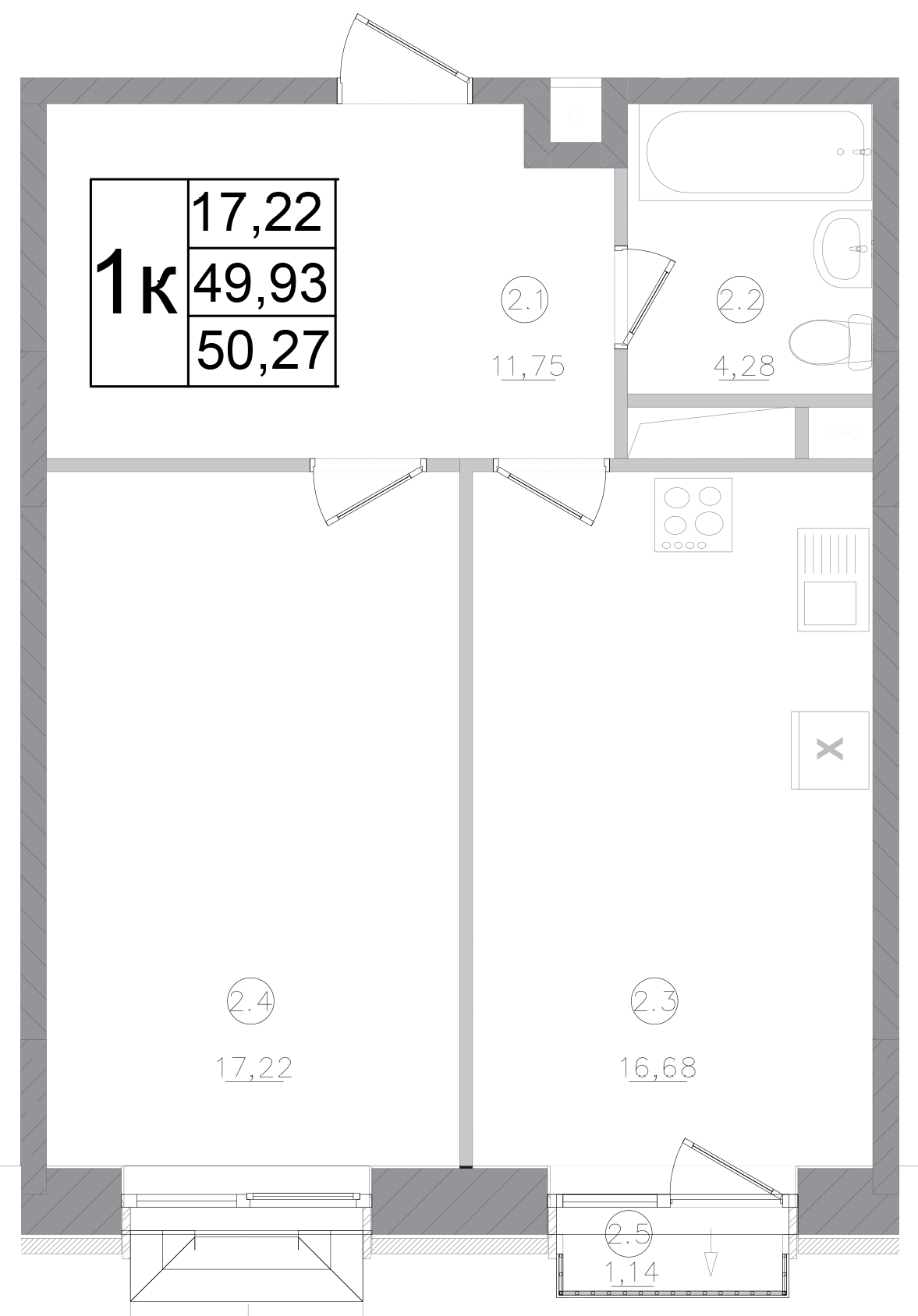 Планировка — Авиатор-2, 1-комн., 50 м²