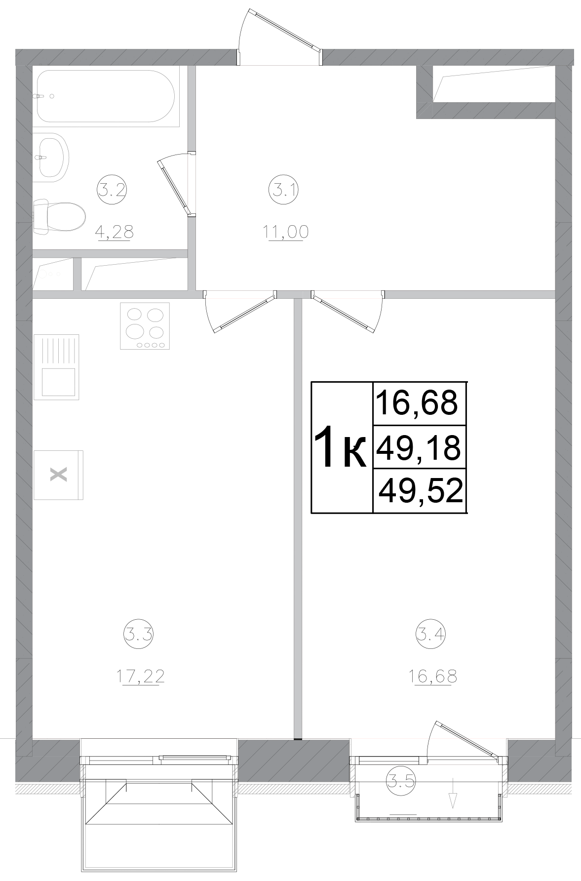 Планировка — Авиатор-2, 1-комн., 49 м²