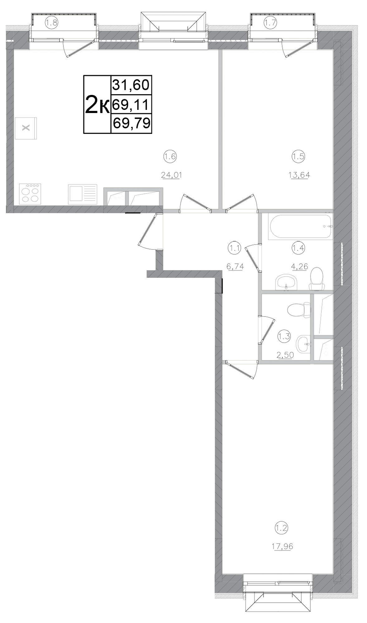Планировка — Авиатор-2, 2-комн., 69 м²