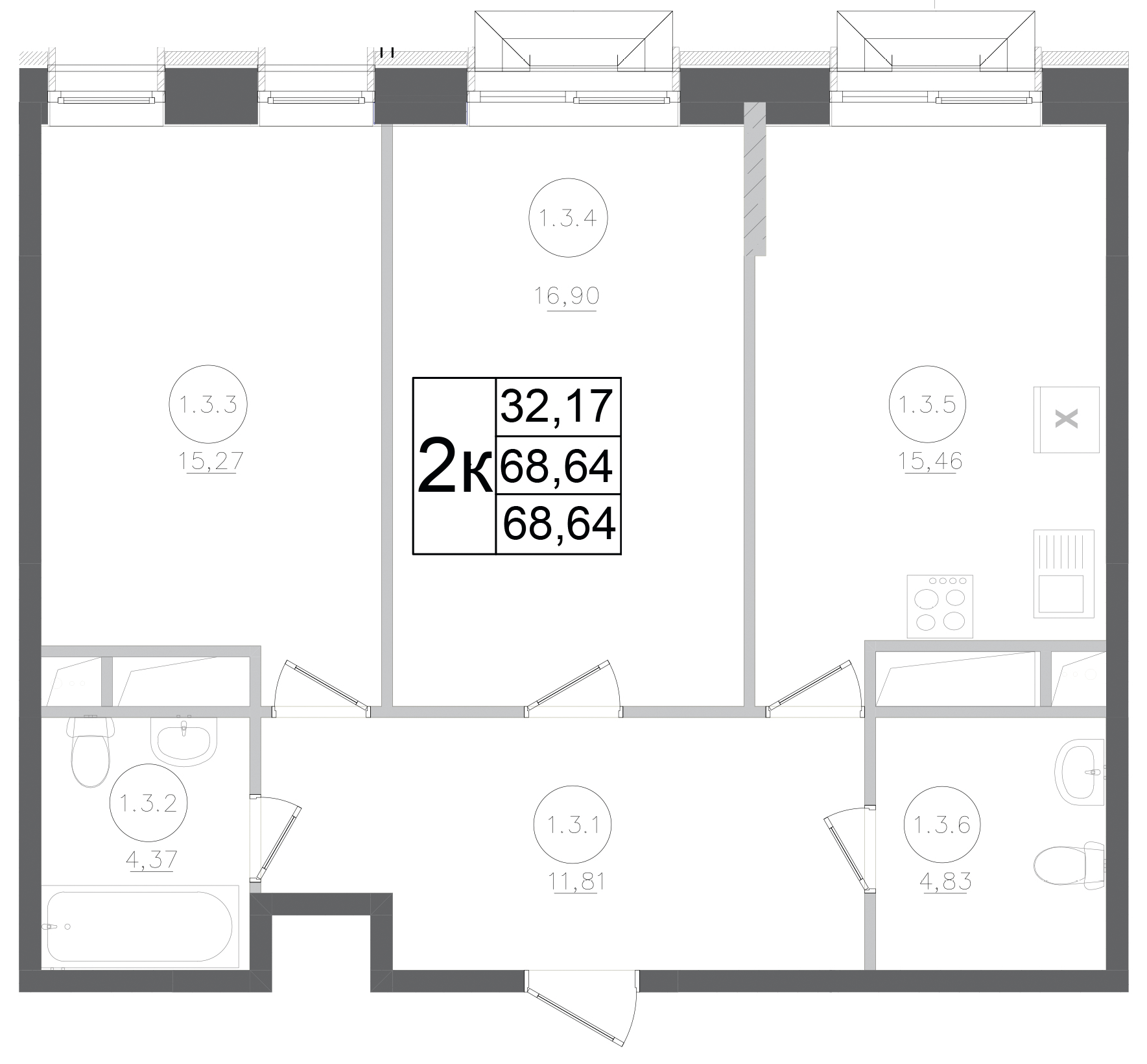 Планировка — Авиатор-2, 2-комн., 69 м²