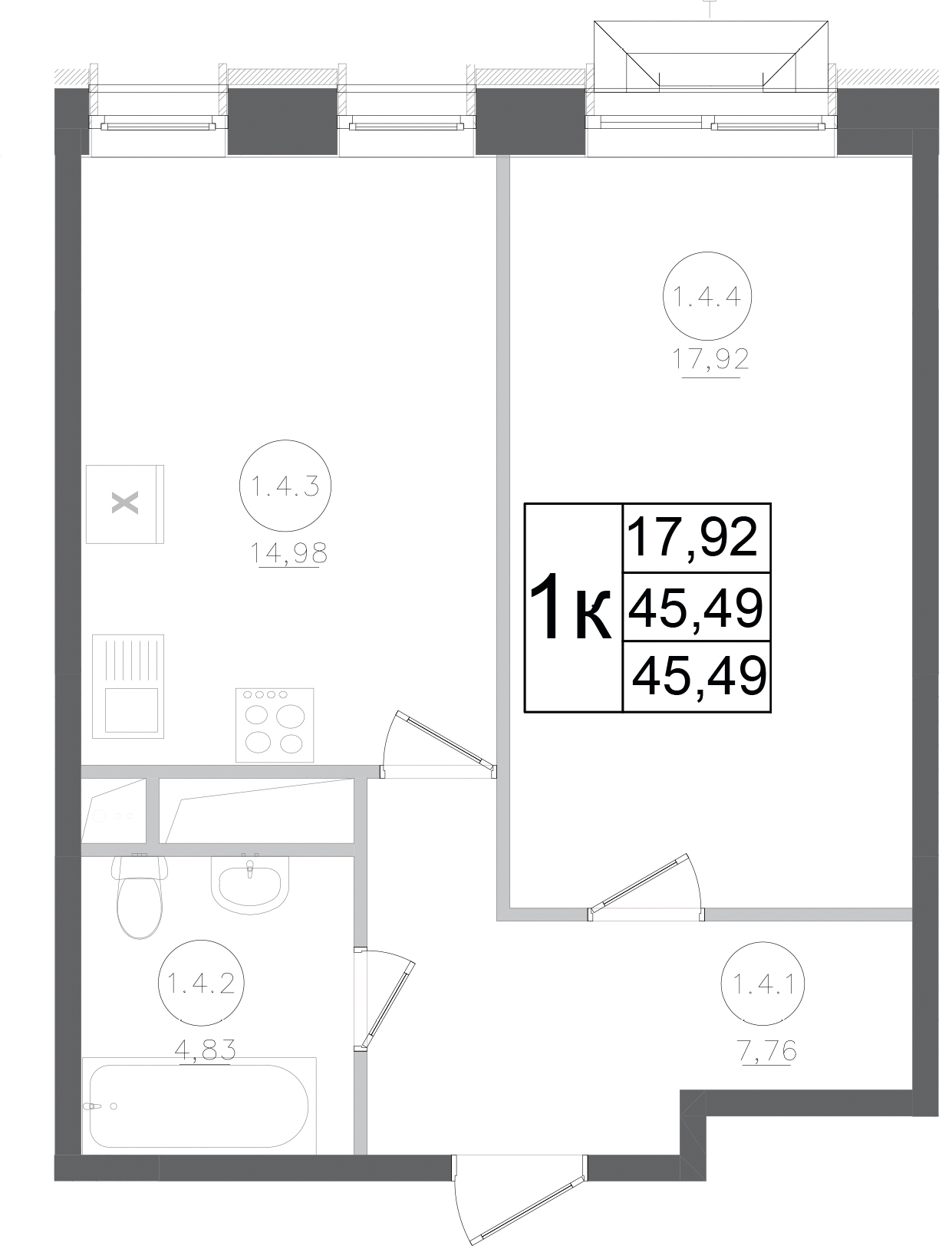 Планировка — Авиатор-2, 1-комн., 45 м²