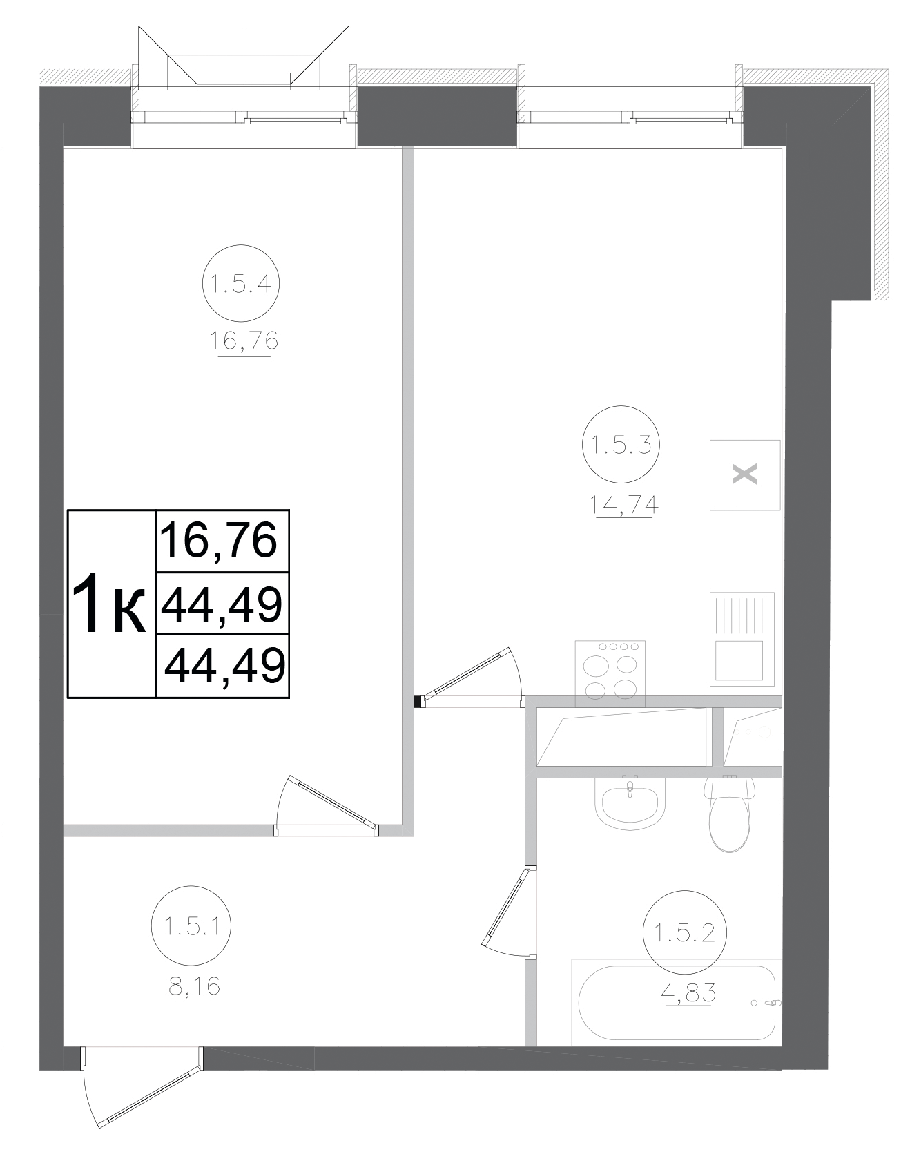 Планировка — Авиатор-2, 1-комн., 44 м²