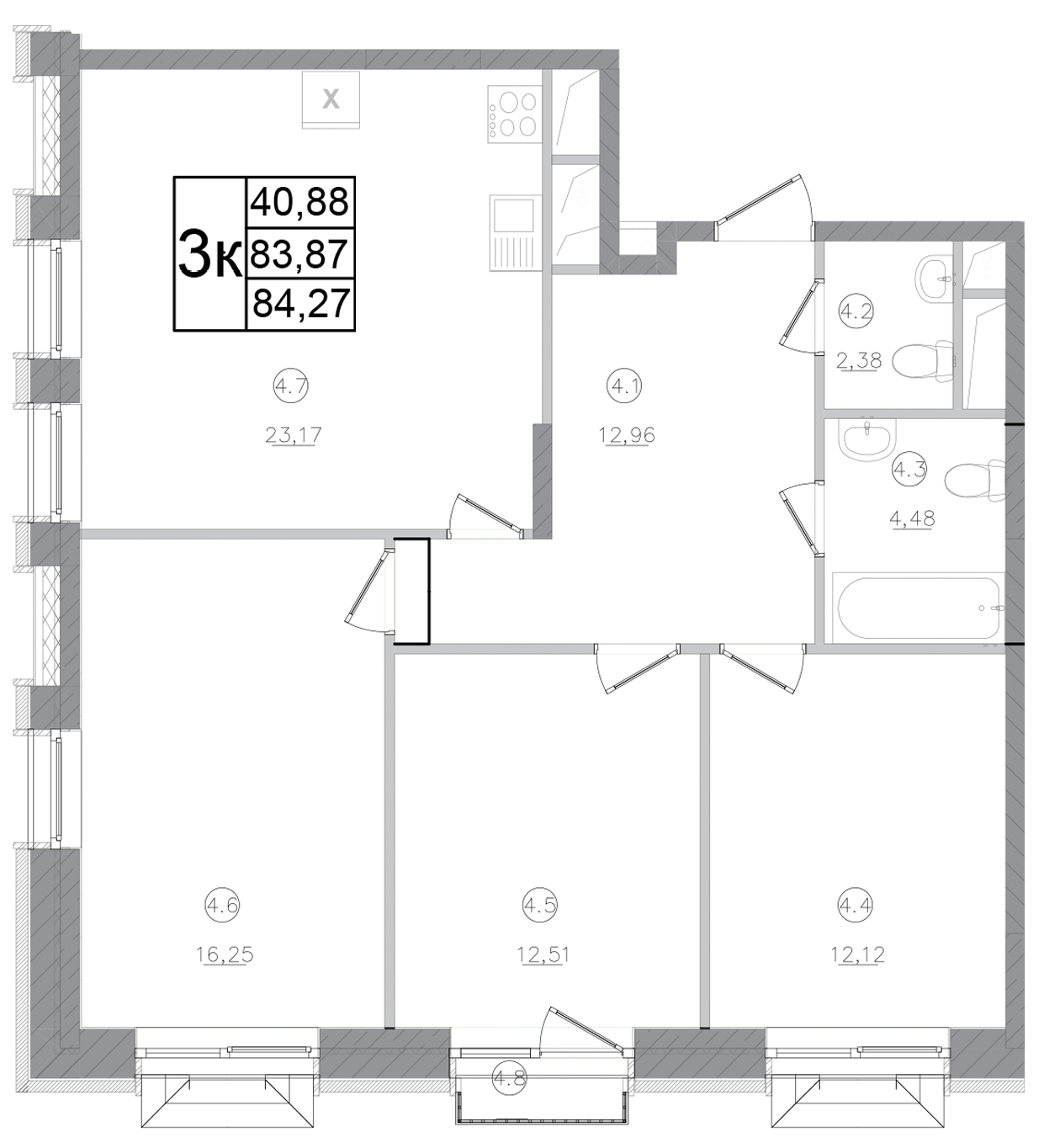 Планировка — Авиатор-2, 3-комн., 84 м²