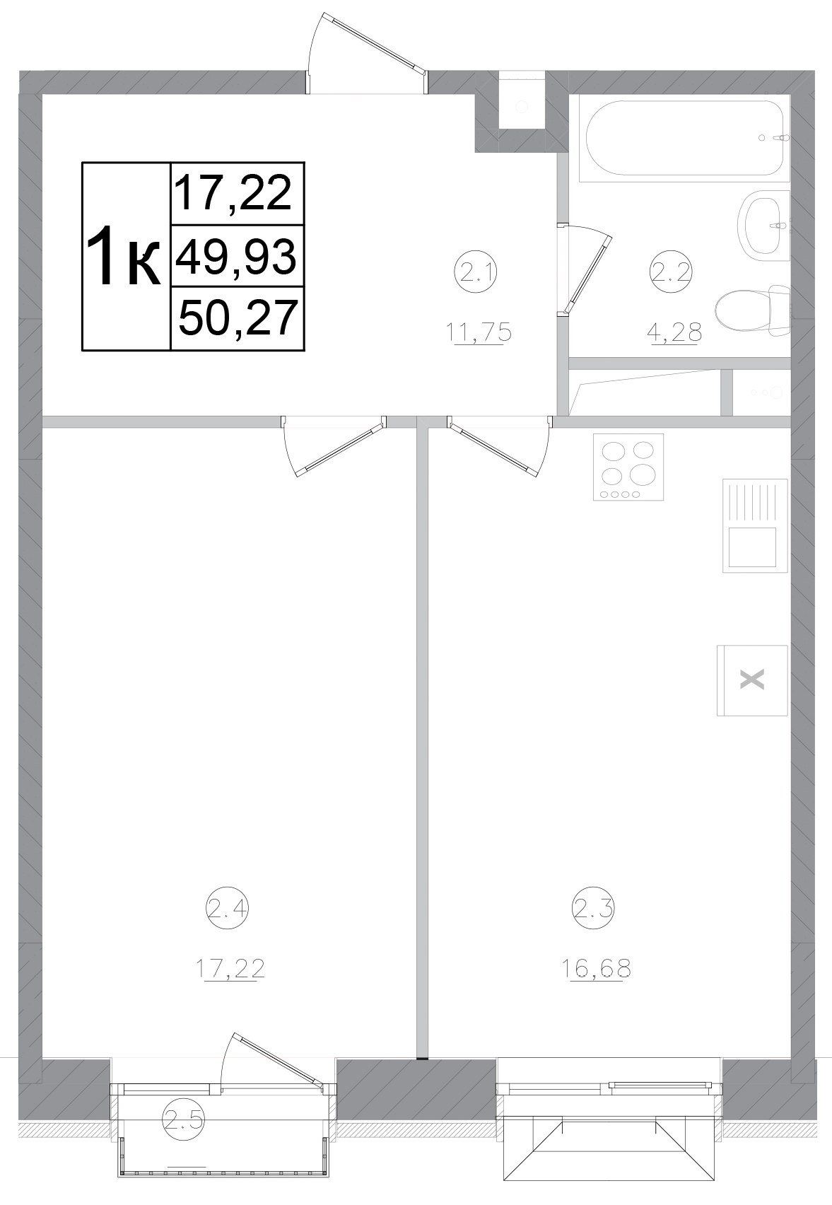 Планировка — Авиатор-2, 1-комн., 50 м²