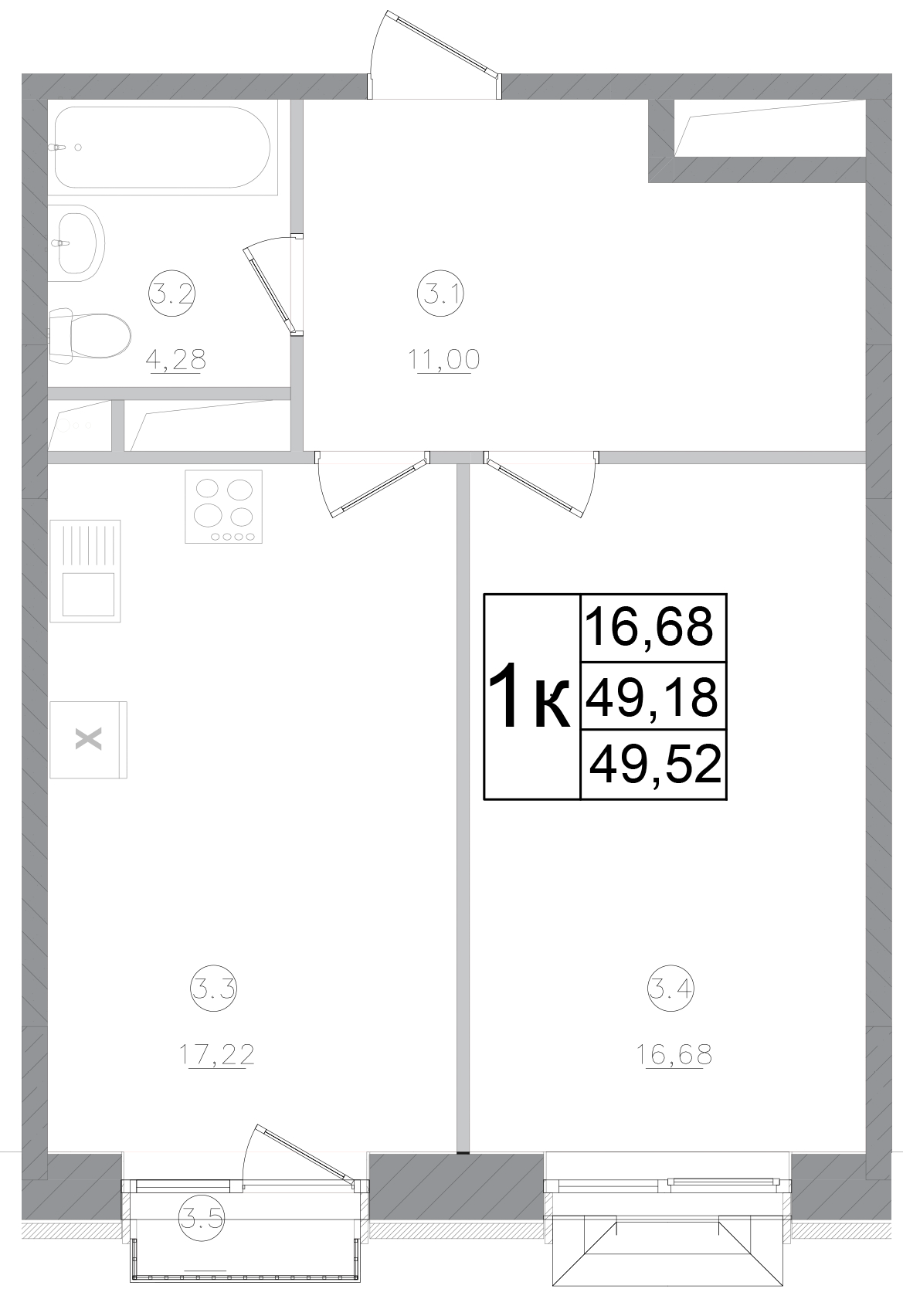 Планировка — Авиатор-2, 1-комн., 49 м²