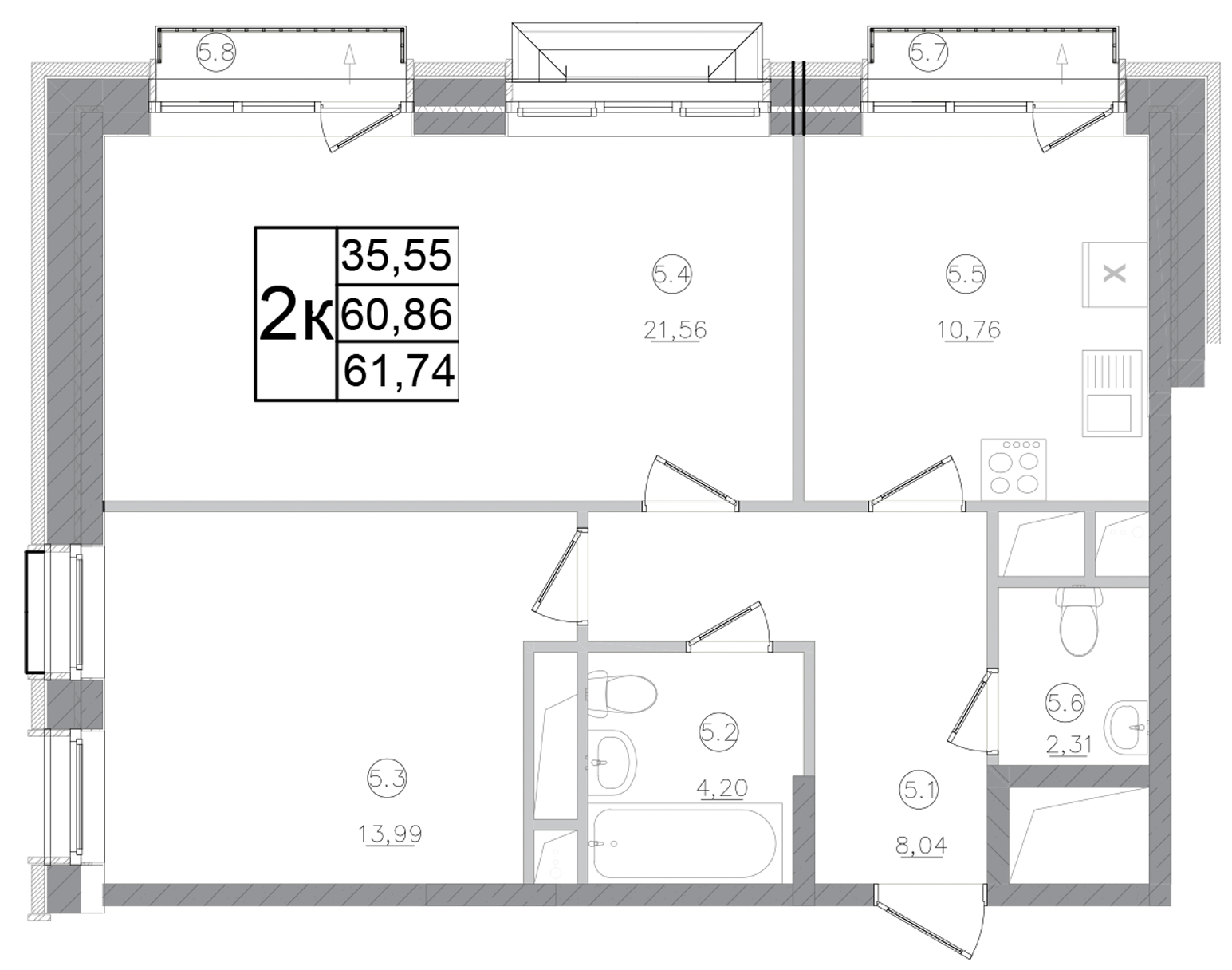 Планировка — Авиатор-2, 2-комн., 61 м²