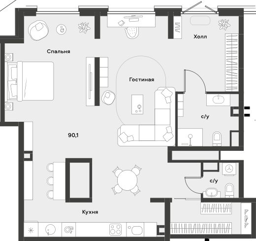 Планировка — ALIA, 1-комн., 90 м²