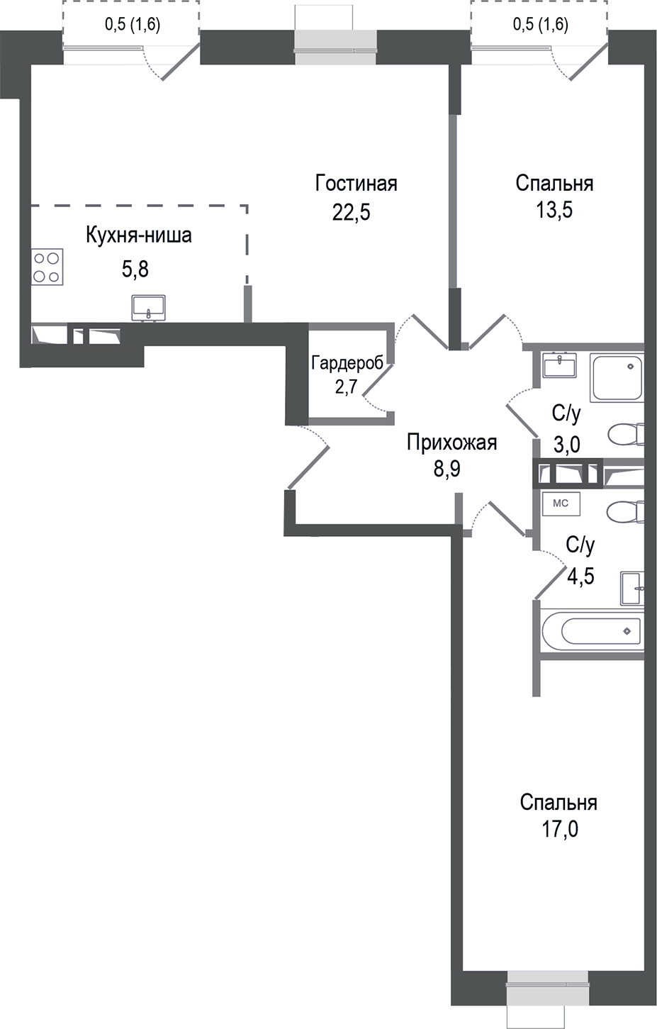 Планировка — Киноквартал, 3-комн., 77 м²