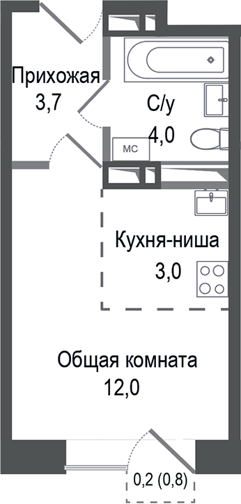Планировка — Киноквартал, Студия, 23 м²