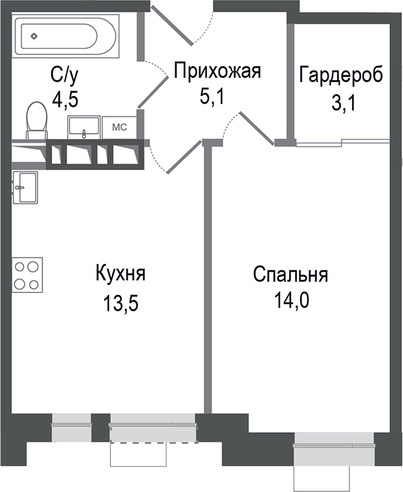 Планировка — Киноквартал, 1-комн., 40 м²