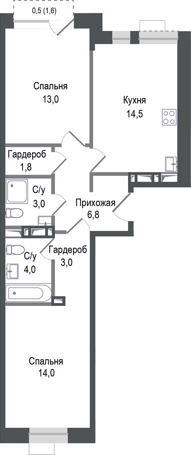 Планировка — Киноквартал, 2-комн., 60 м²