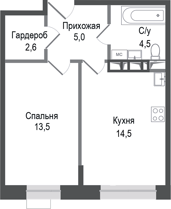 Планировка — Киноквартал, 1-комн., 40 м²