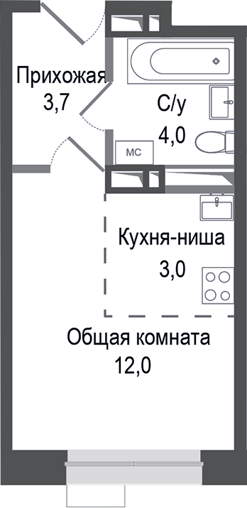 Планировка — Киноквартал, Студия, 23 м²