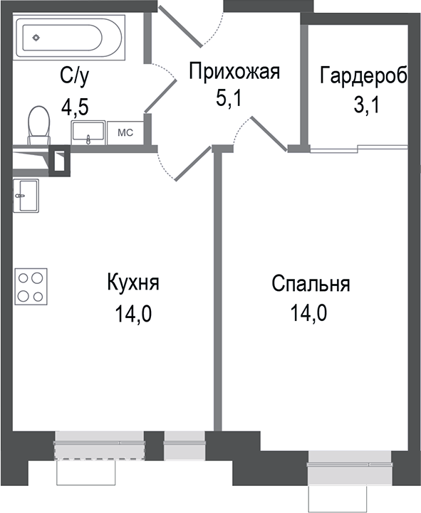 Планировка — Киноквартал, 1-комн., 41 м²