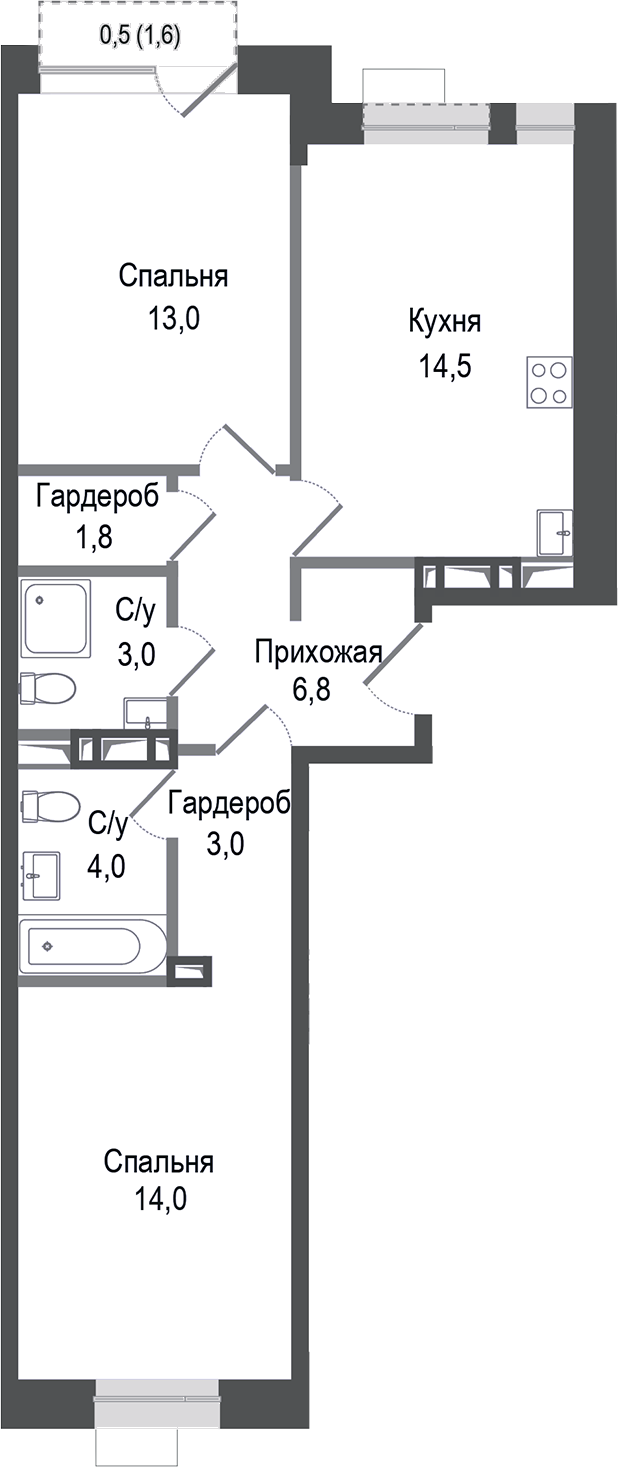 Планировка — Киноквартал, 2-комн., 60 м²
