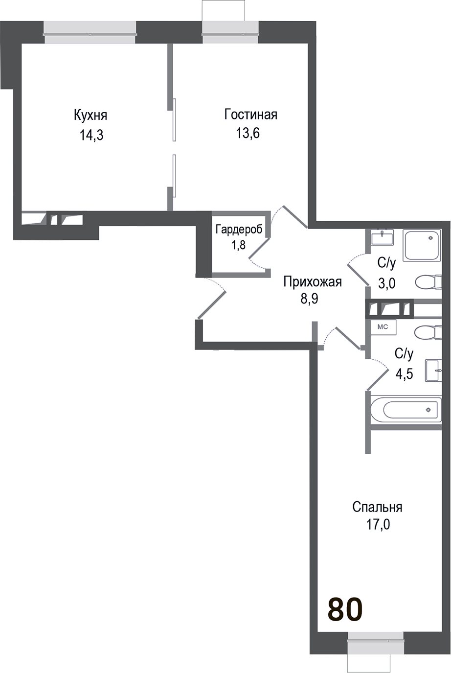 Планировка — Киноквартал, 2-комн., 63 м²