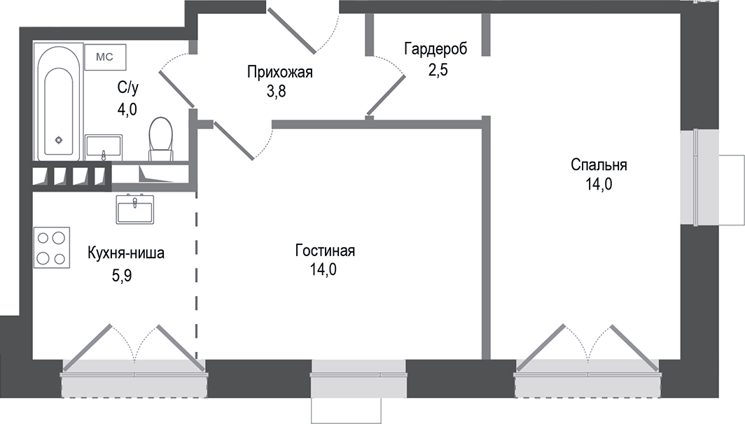 Планировка — Киноквартал, 2-комн., 44 м²