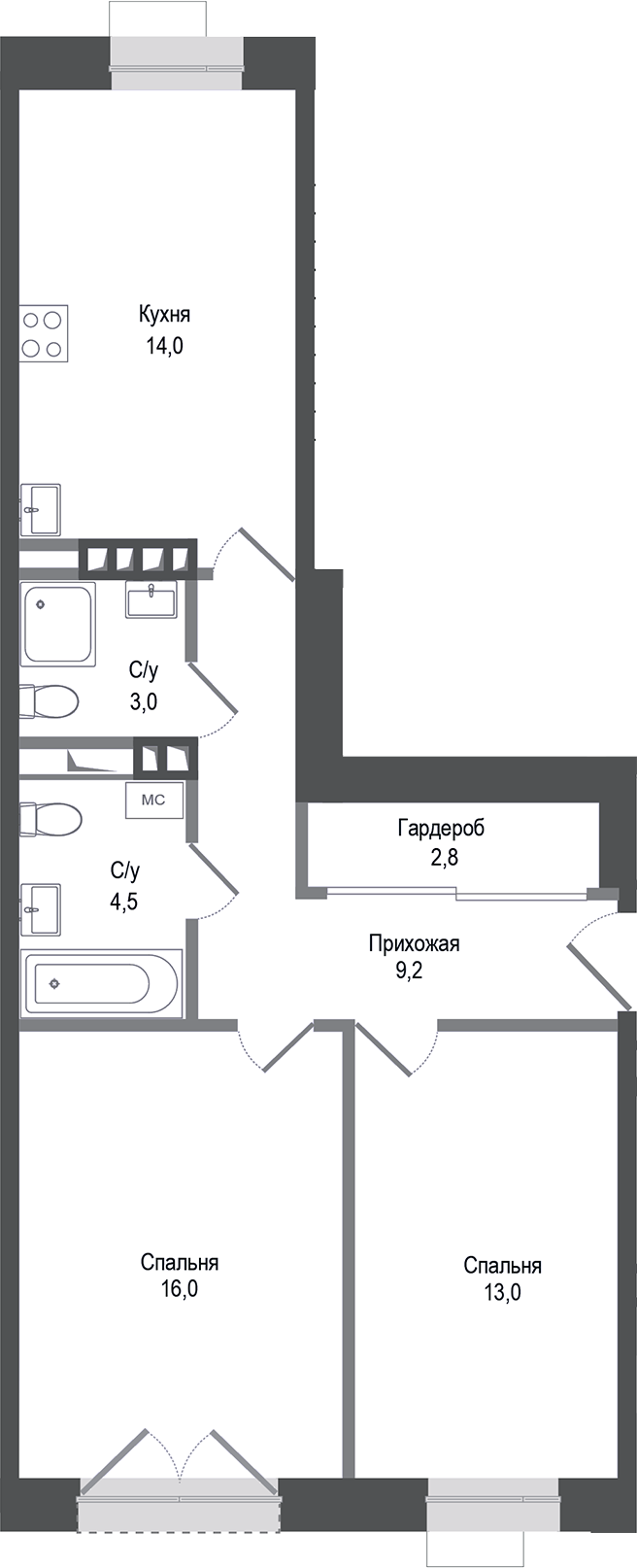 Планировка — Киноквартал, 2-комн., 63 м²