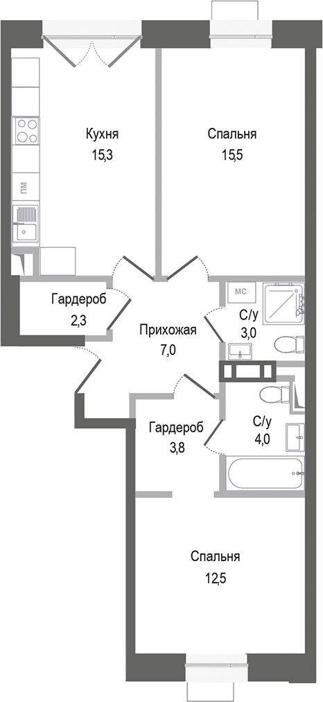Планировка — Киноквартал, 2-комн., 63 м²
