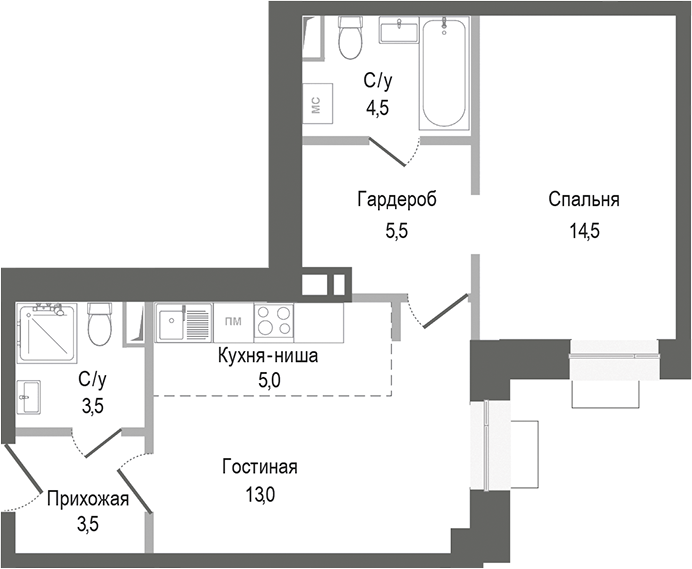 Планировка — Киноквартал, 2-комн., 50 м²