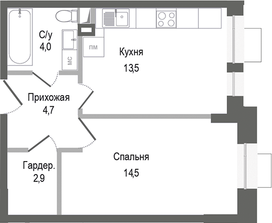 Планировка — Киноквартал, 1-комн., 40 м²