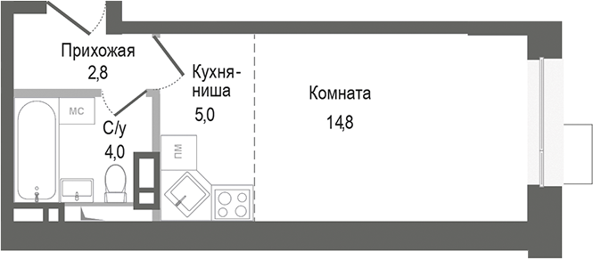 Планировка — Киноквартал, Студия, 27 м²