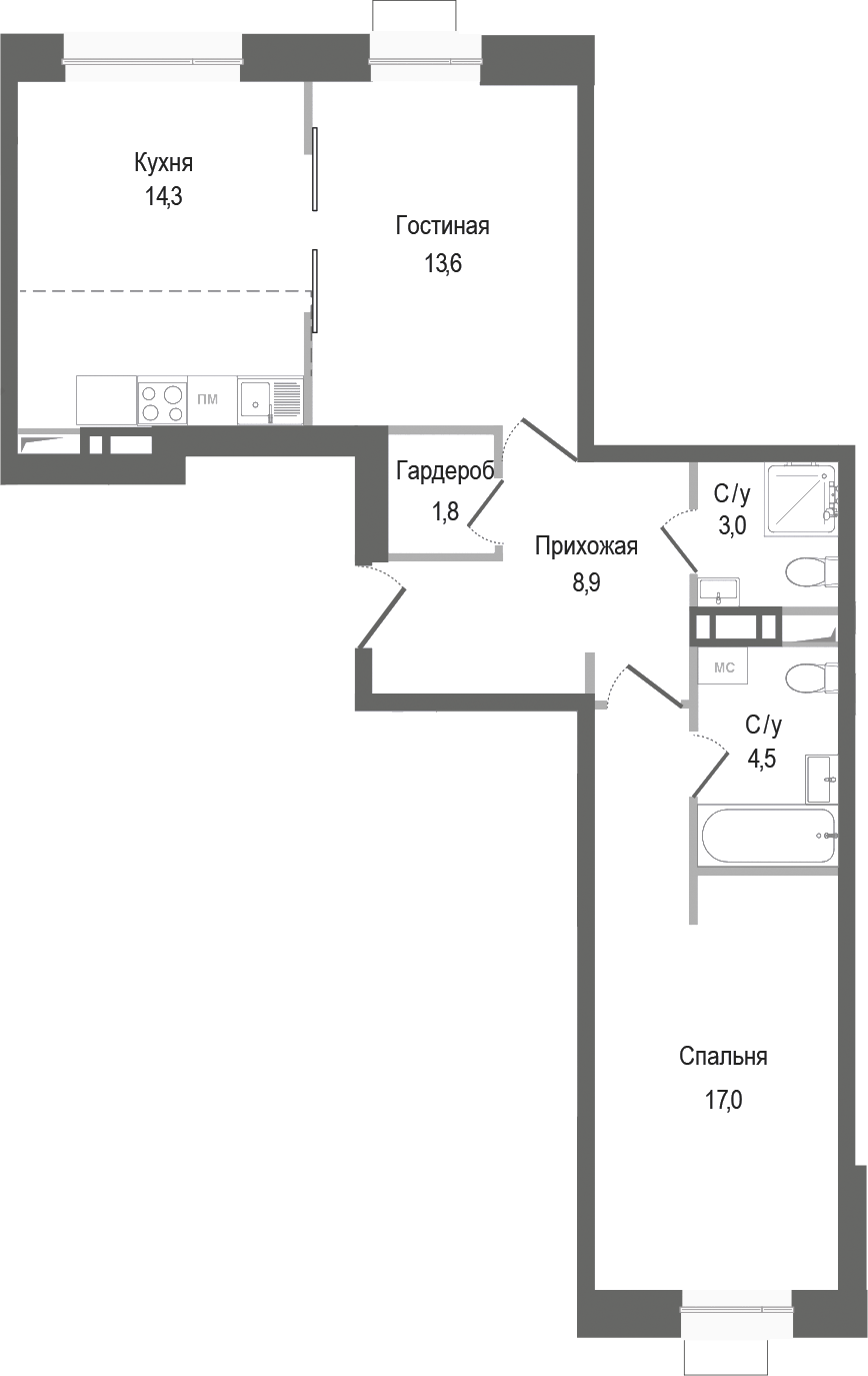 Планировка — Киноквартал, 2-комн., 63 м²