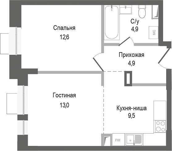Планировка — Киноквартал, 2-комн., 45 м²