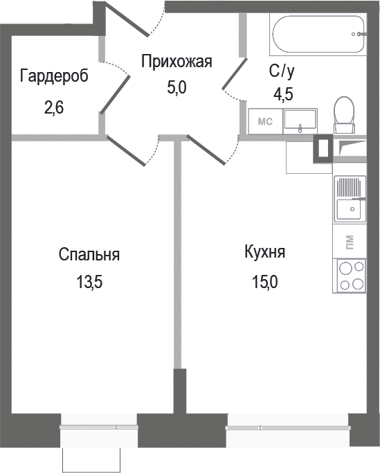 Планировка — Киноквартал, 1-комн., 41 м²